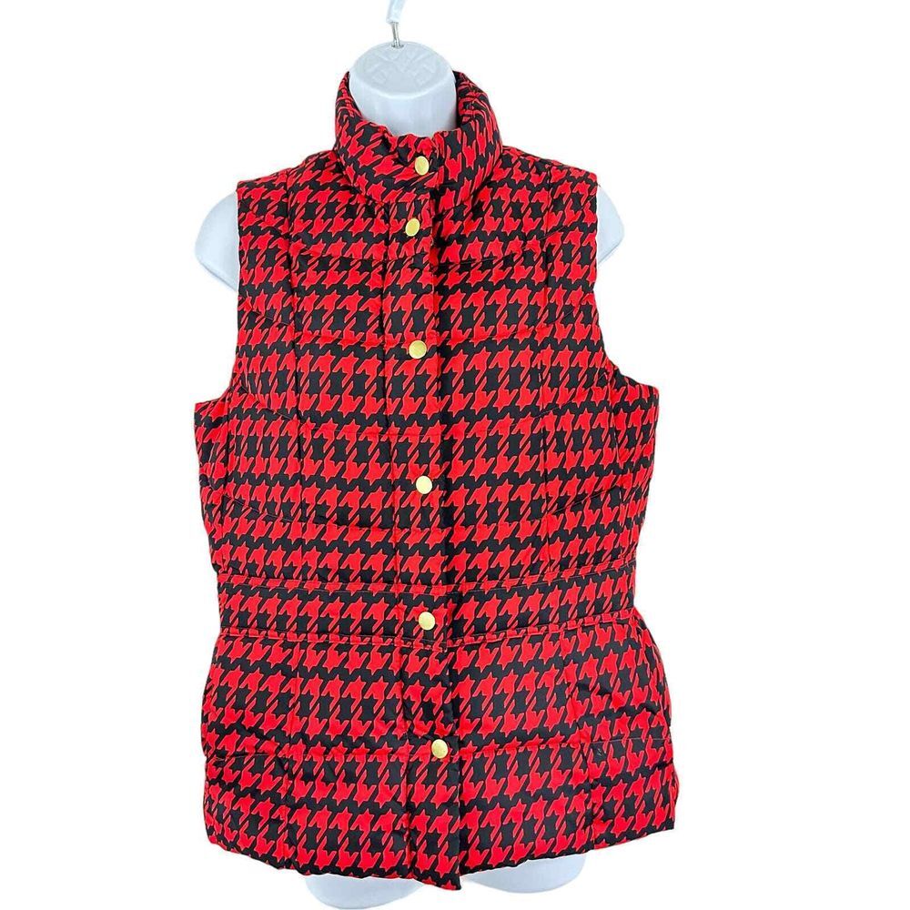 Madison Womens SZ M Red Black Houndstooth‎ Puffer Vest Gold Hardware Adjustable